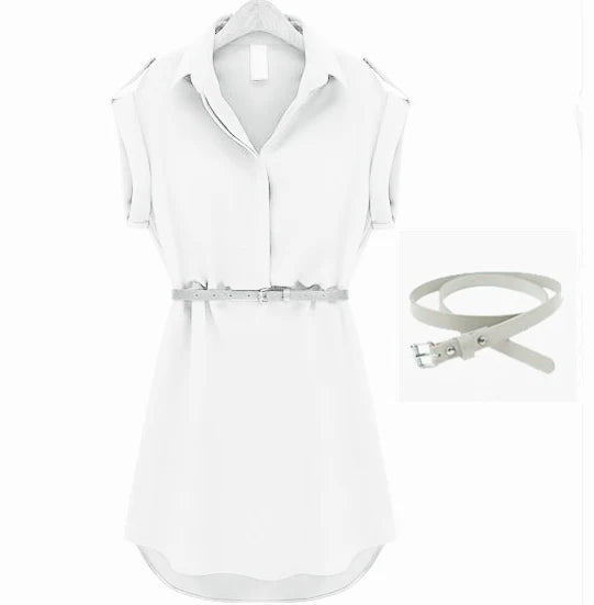 Women's V-Neck Chiffon Mini Dress in Khaki and Navy Blue with Short Sleeves and Cinched Waist