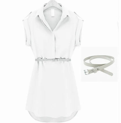 Women's V-Neck Chiffon Mini Dress in Khaki and Navy Blue with Short Sleeves and Cinched Waist