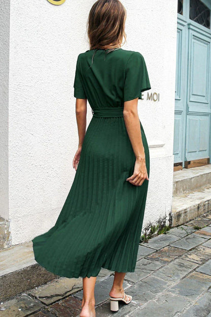 Elegant black midi dress with belted waist and flutter sleeves, perfect for any occasion