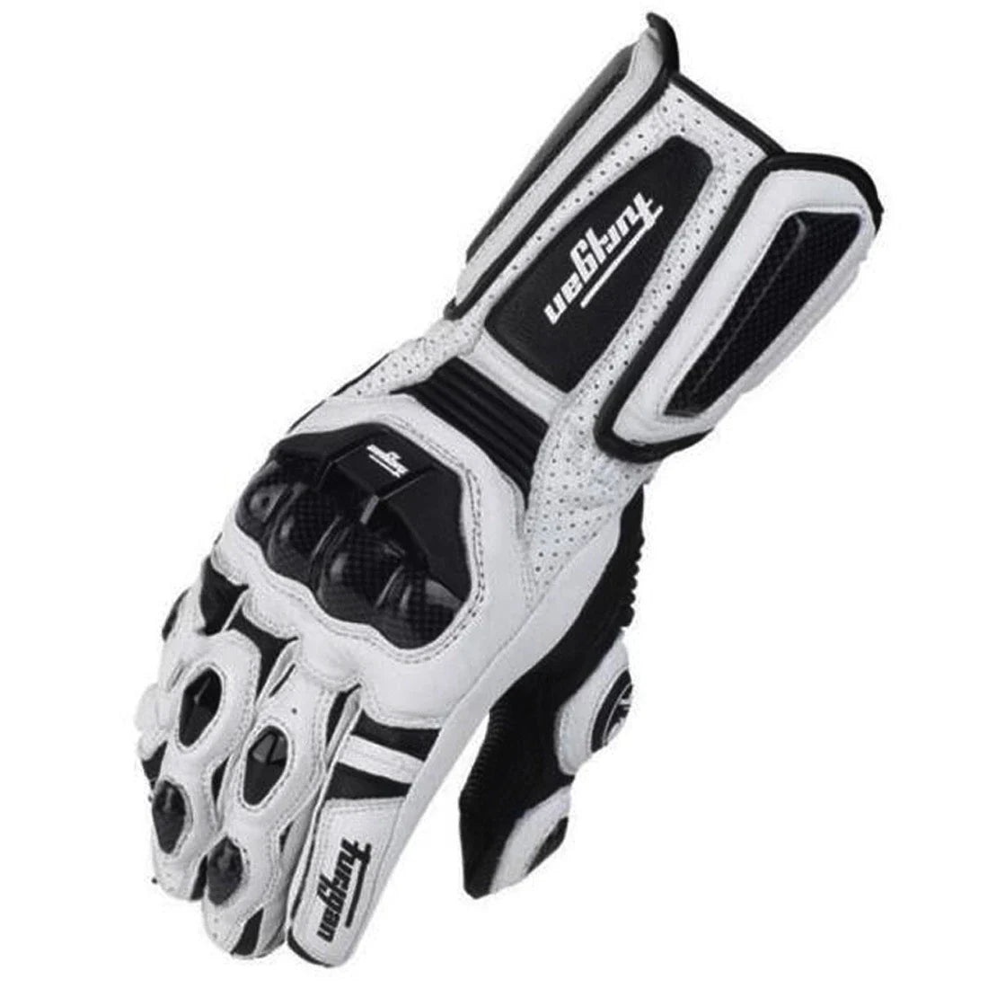 Premium motorcycle gloves made of leather and reinforced with carbon fibre for enhanced protection and breathability