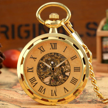 A vintage-inspired mechanical pocket watch with a skeleton display, showcasing the intricate inner workings of the timepiece.