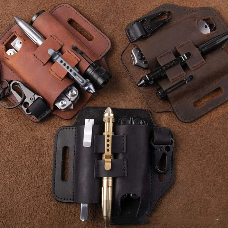 Premium British leather tool carrier with multiple compartments and adjustable strap for hands-free carrying