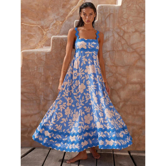 Luxurious dot print ankle-length dress with flounced edge, perfect for sophisticated style and all-day comfort.