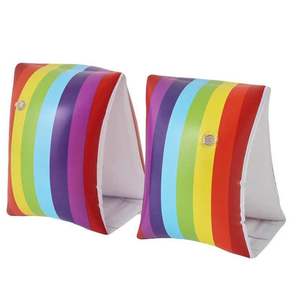 Vibrant inflatable pool floats in rainbow colours for adventurous children to enjoy water play safely