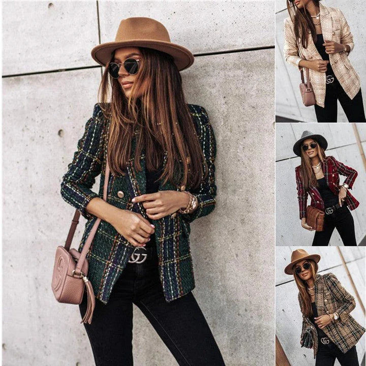 A stylish long sleeve double-breasted printed suit in various colours, including khaki, dark green, wine red, and brown.