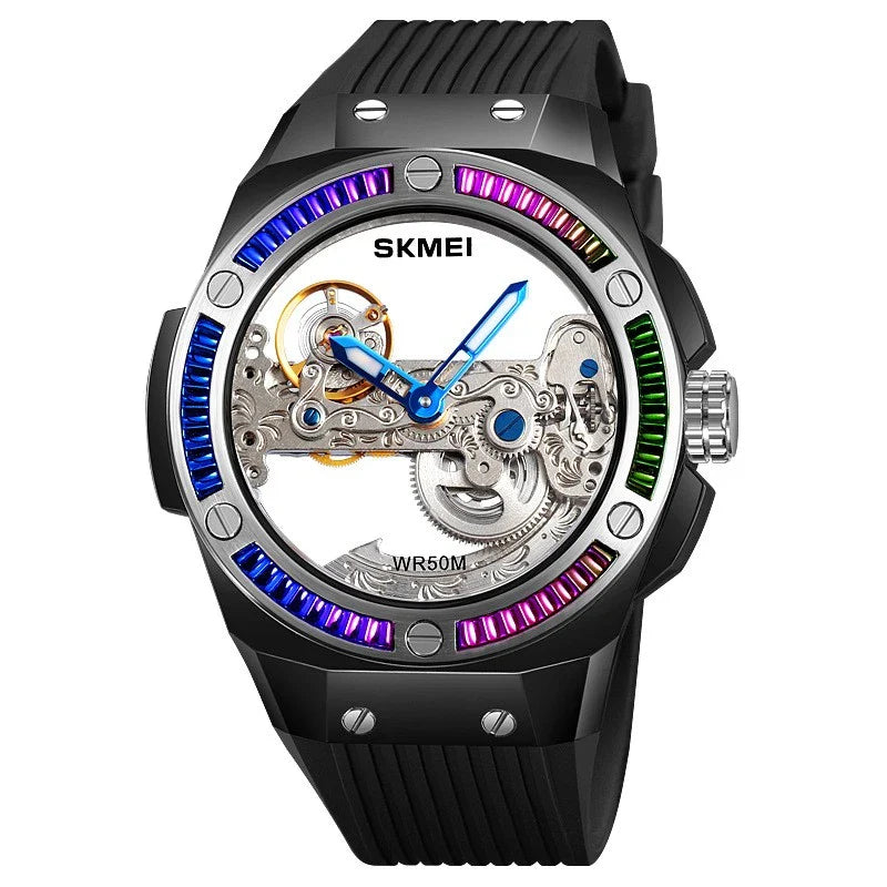 Sophisticated mechanical automatic wrist watch with hollow movement, showcasing intricate British design and craftsmanship