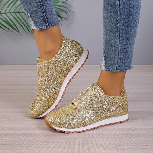 Premium sequinned flats with round toe and slip-on design, perfect for casual wear and special occasions.