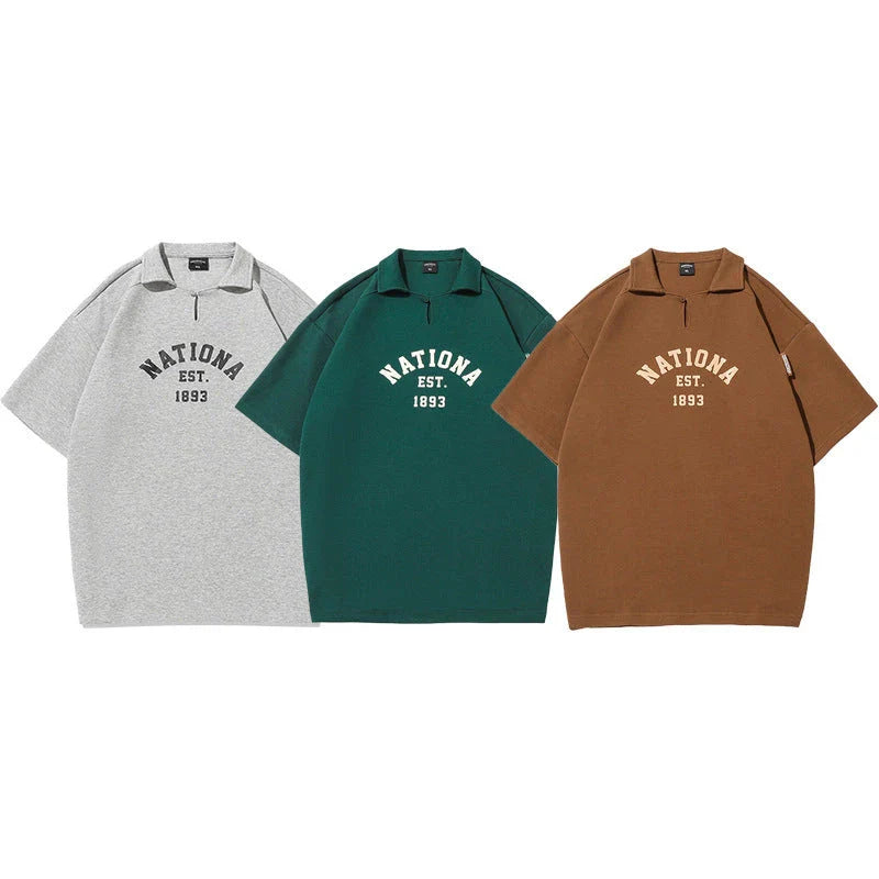 Refined cotton blend lapel shirt with half sleeves in a variety of colours, including brown, melange grey, and dark green