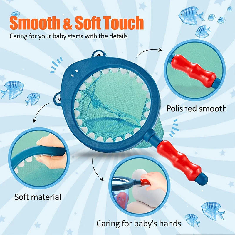A set of colourful, floating bath toys including a fishing pole and net for interactive play