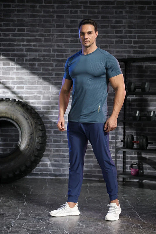 Men's summer sports t-shirt in black, white, grey, navy, and lake blue colours with quick-drying, breathable, and UV-protective features