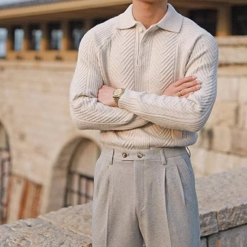 Premium men's thermal pullover in grey, black, and apricot colours with a tailored slim-fit silhouette