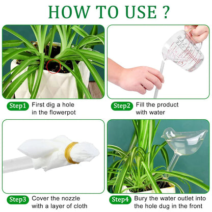 Automatic Self-Watering Globe in the shape of a bird, made of clear plastic for growing and displaying plants indoors or outdoors.