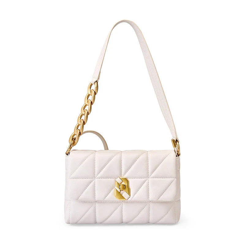 Premium genuine leather crossbody bag in a classic white colour, featuring an adjustable strap and a spacious interior with a zipper pocket.