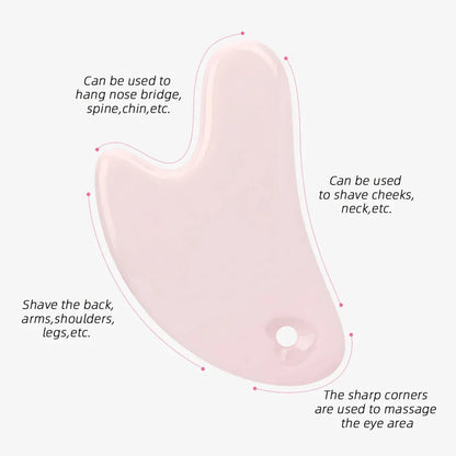 Ceramic Gua Sha facial massager in blue, pink, and white colours, designed to improve circulation and promote lymphatic drainage for radiant, youthful skin.