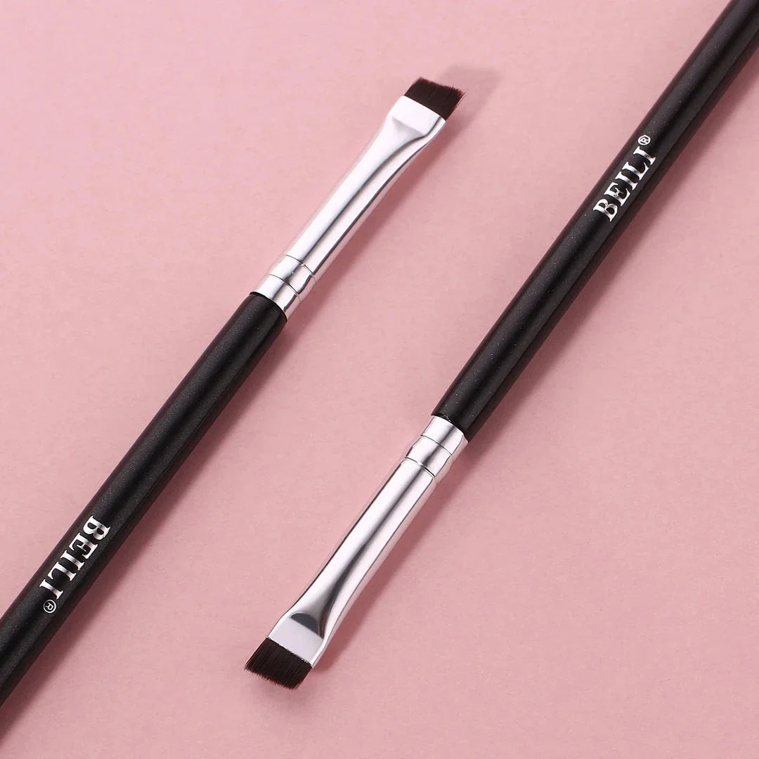 Professional black eyebrow and eyeliner makeup brush with sleek wooden handle for precise, salon-quality results
