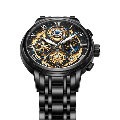 Elegant quartz watch with moonphase display, calendar function, and luminous hands for enhanced visibility