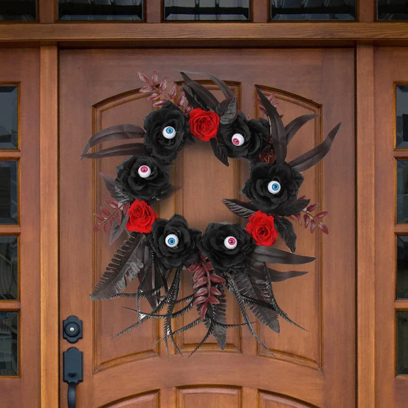 Artificial Halloween rose eyeball garland decoration with lifelike eyeballs and feathery rose blooms
