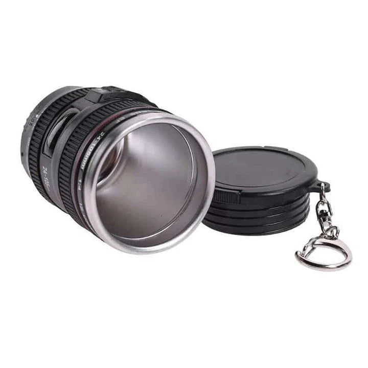 Stainless steel and plastic camera lens-shaped shot glass for serving cocktails, liqueurs, and specialty drinks
