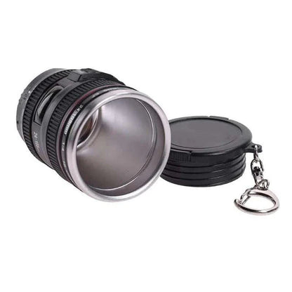 Stainless steel and plastic camera lens-shaped shot glass for serving cocktails, liqueurs, and specialty drinks