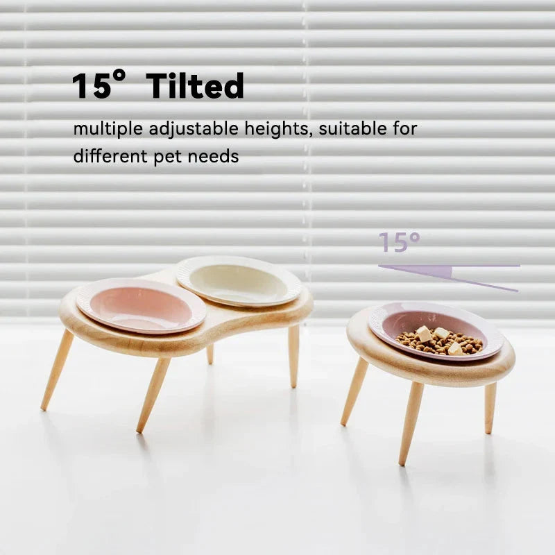 Elevated cat and small dog ceramic feeding set with adjustable wooden stand