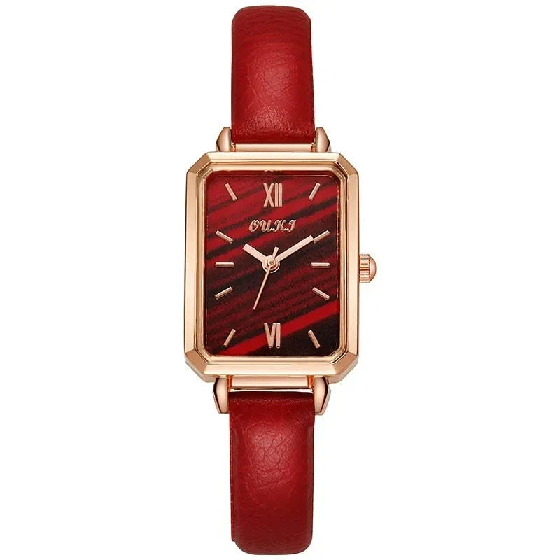 Refined square dial ladies watch with genuine leather strap, minimalist design, and durable aluminium alloy case