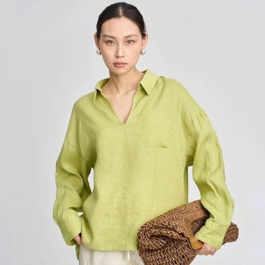 Premium linen v-neck long sleeve shirt for women in khaki colour, featuring breathable fabric and wrinkle-resistant design.