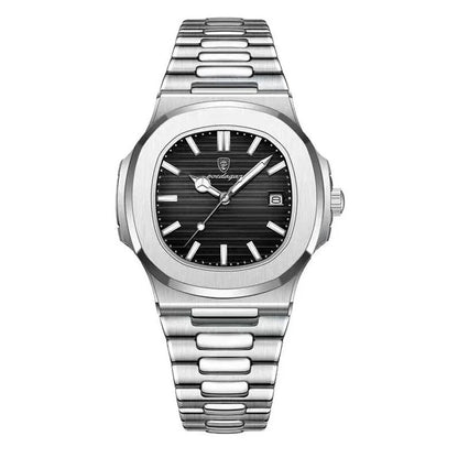 Refined Square Quartz Timepiece with stainless steel band, luminous hands, and water resistance up to 30 metres