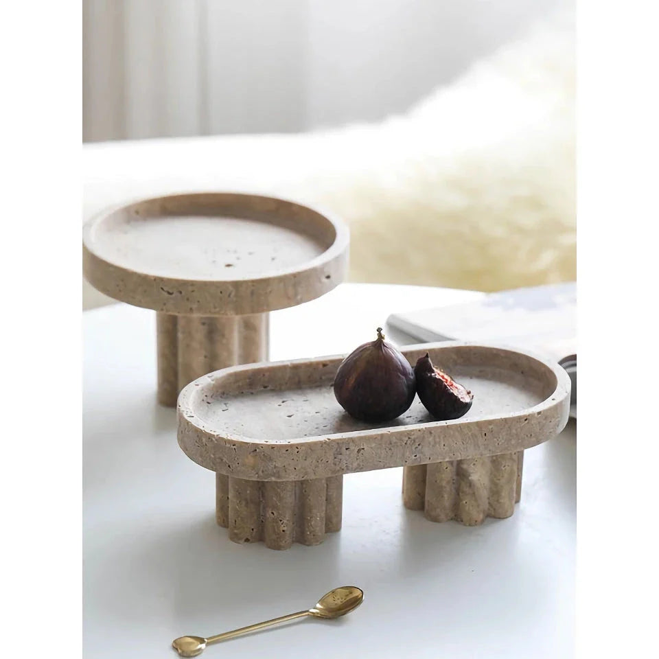 Elegant natural travertine marble serving tray with wooden legs, showcasing unique patterns and a smooth, hand-polished surface for serving, organising, and displaying.