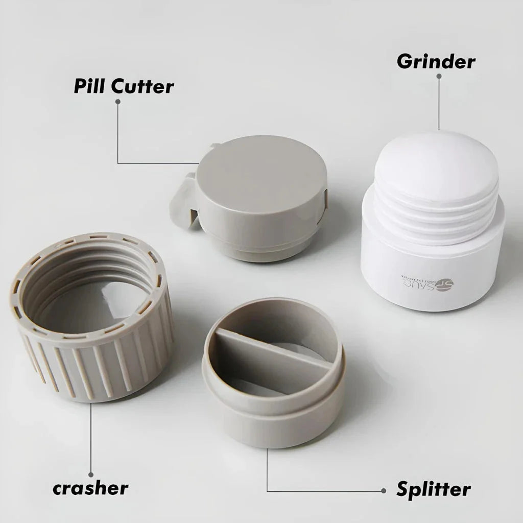 4-in-1 Portable Pill Grinder and Cutter with Pill Cutting Grid, Tablet Grinding Mechanism, and Tiered Storage Compartments
