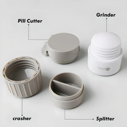 4-in-1 Portable Pill Grinder and Cutter with Pill Cutting Grid, Tablet Grinding Mechanism, and Tiered Storage Compartments
