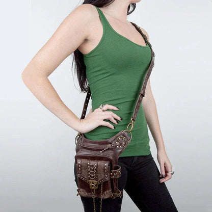 Stylish mini crossbody bag in brown colour with punk-rock inspired design, perfect for hands-free urban adventures
