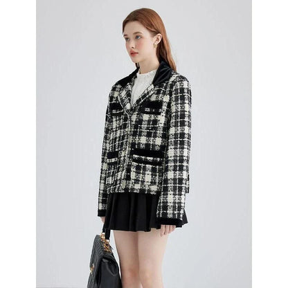 Stylish plaid contrast woollen women's short jacket in United Kingdom fashion