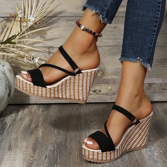 Elegant summer platform wedge sandals with a sleek peep toe design and adjustable ankle strap for a customised fit