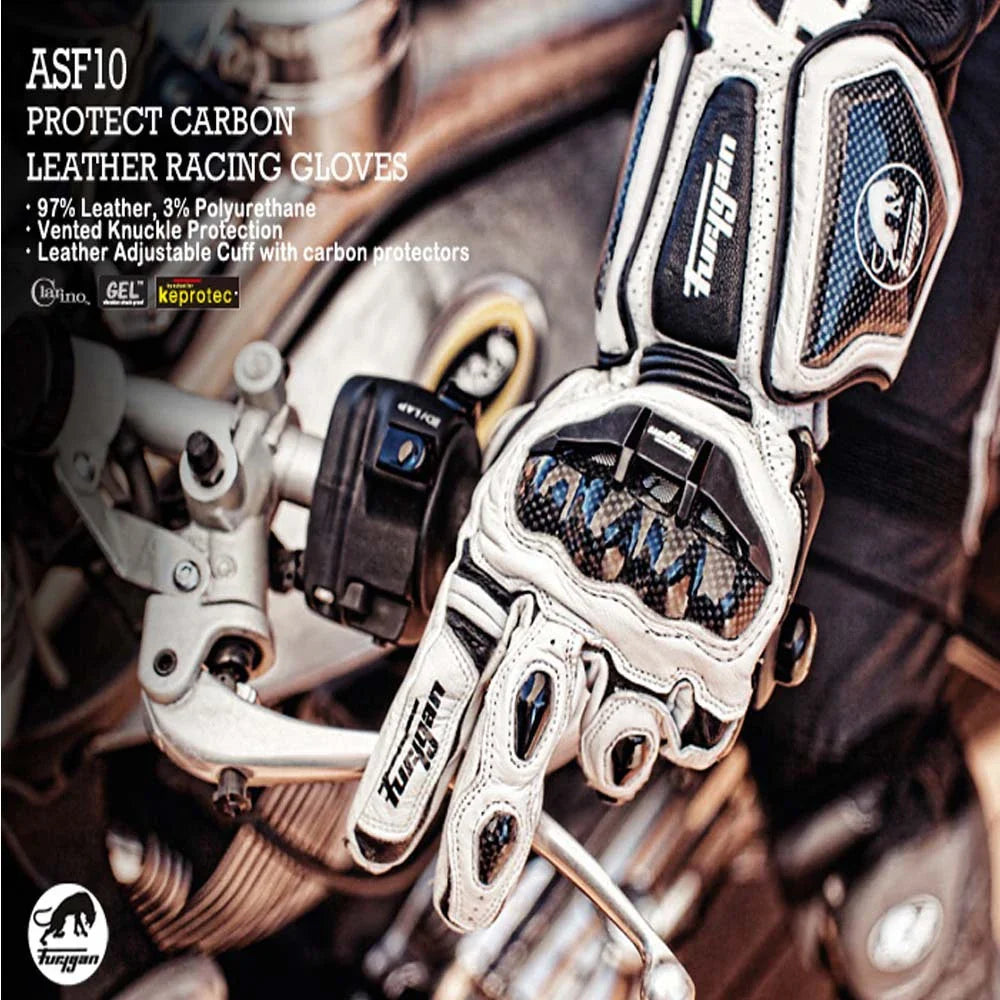 Premium motorcycle gloves made of leather and reinforced with carbon fibre for enhanced protection and breathability