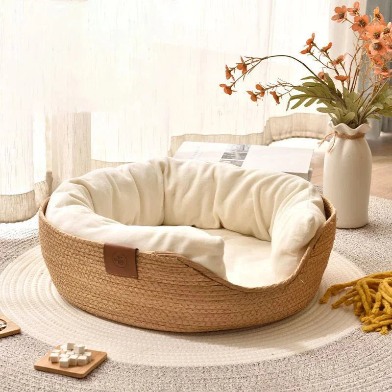 Handcrafted bamboo pet bed with removable cushion, providing a cosy and stylish sleeping space for cats and small dogs