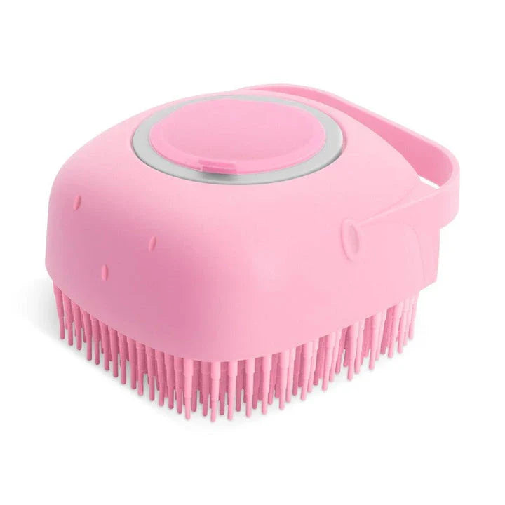 A yellow dog bath brush with a built-in shampoo dispenser and soft silicone bristles for a relaxing, spa-like bathing experience.