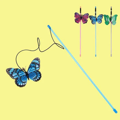 A colourful cat toy in the shape of a butterfly on a stick, designed to engage and entertain your feline friend.