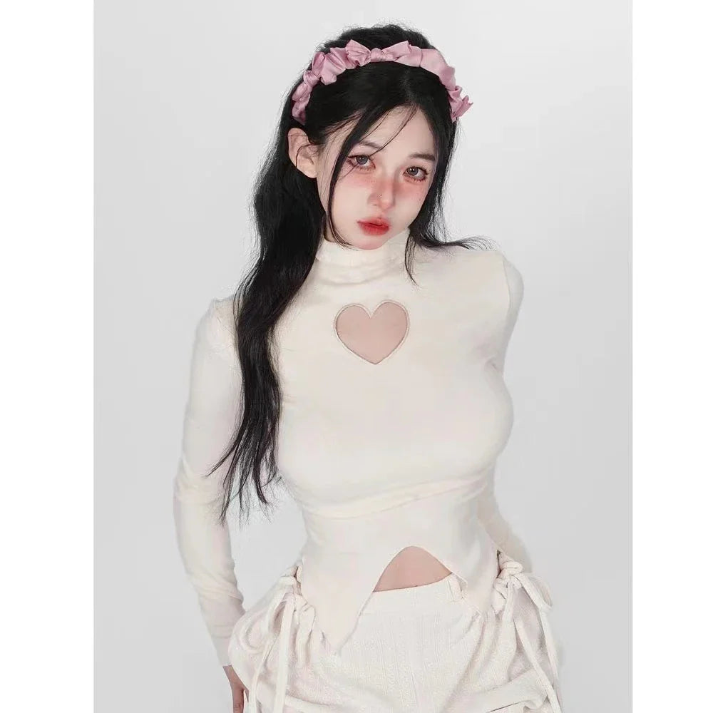 Premium high-neck long-sleeve t-shirt with elegant heart-shaped design in white