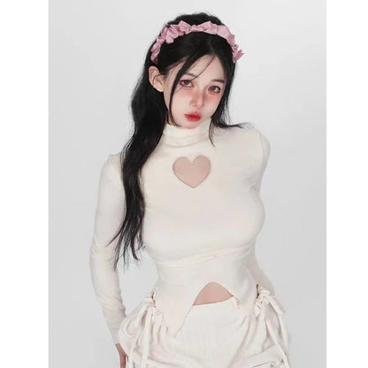 Premium high-neck long-sleeve t-shirt with elegant heart-shaped design in white