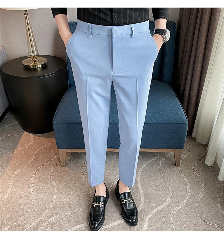 Premium men's suit trousers in a variety of colours, featuring a subtle textured drape and exceptional stretch for all-day comfort and style.