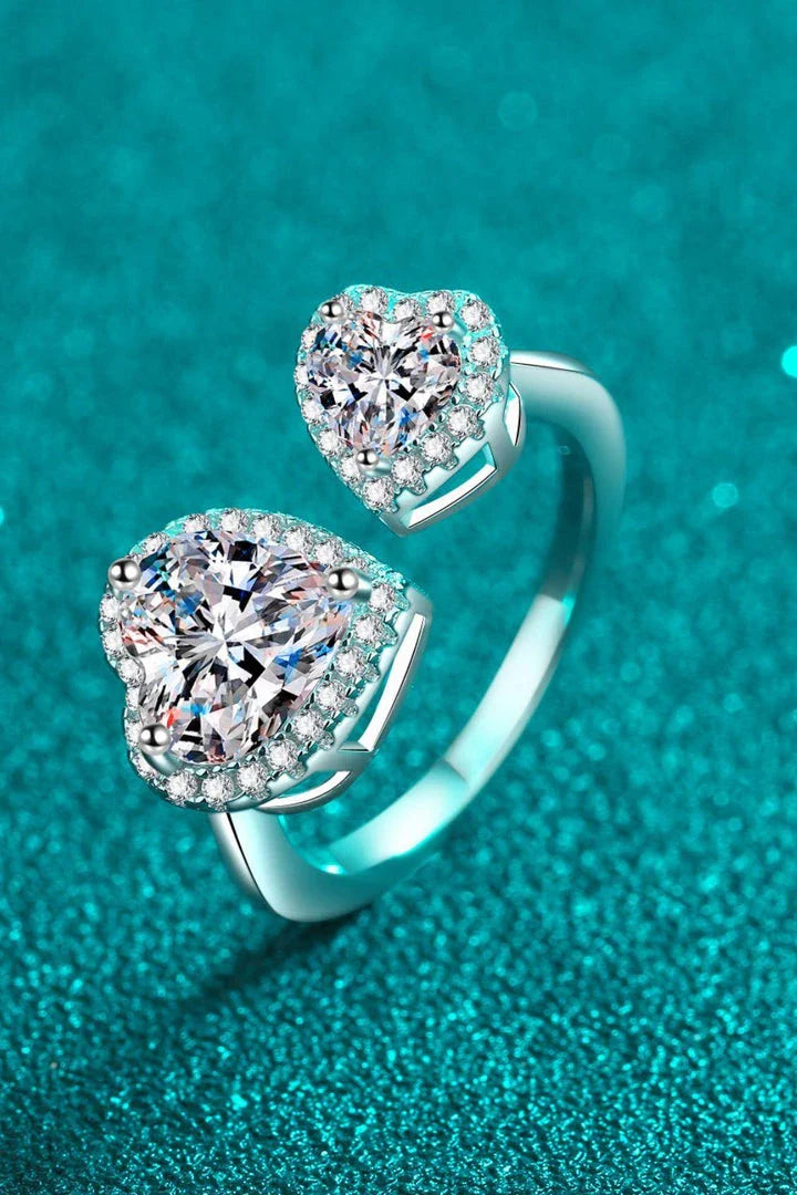 Elegant heart-shaped moissanite open ring in platinum-plated 925 sterling silver with adjustable sizing