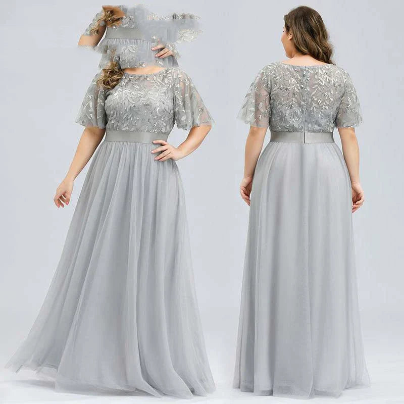 A plus size evening gown with a sparkling sequin mesh overlay in a variety of colours, including white, gray, green, black, gold, wine red, navy blue, bean paste powder, and dirty blue.