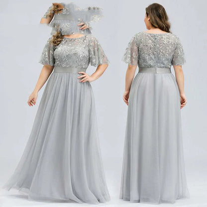 A plus size evening gown with a sparkling sequin mesh overlay in a variety of colours, including white, gray, green, black, gold, wine red, navy blue, bean paste powder, and dirty blue.
