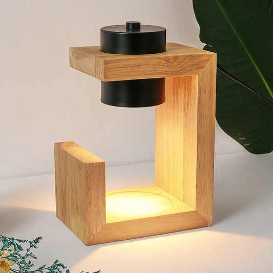 Elegant Nordic-style candle warmer lamp with oak wood and iron construction, dimmer switch, and timer function