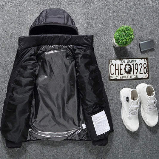 A stylish heated jacket with a removable hood, designed for warmth and comfort in chilly British weather.