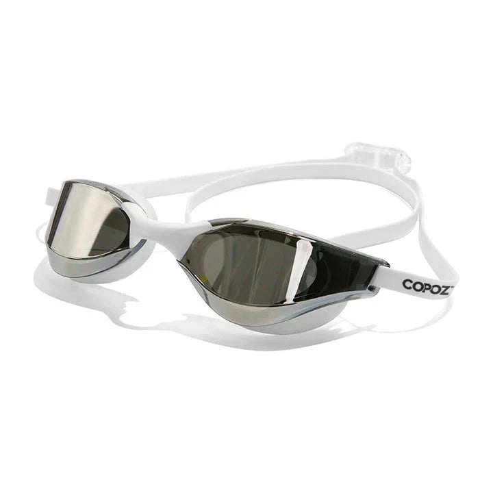 Premium British-made swimming goggles with anti-fog and UV protection technology, designed for clear visibility and comfort in pools, beaches, and water parks.