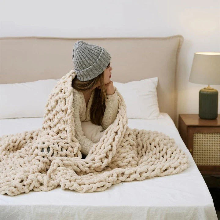 Elegant Chenille Chunky Knit Throw Blanket in White, available in adult and child sizes, offering cosy comfort and timeless style for your home