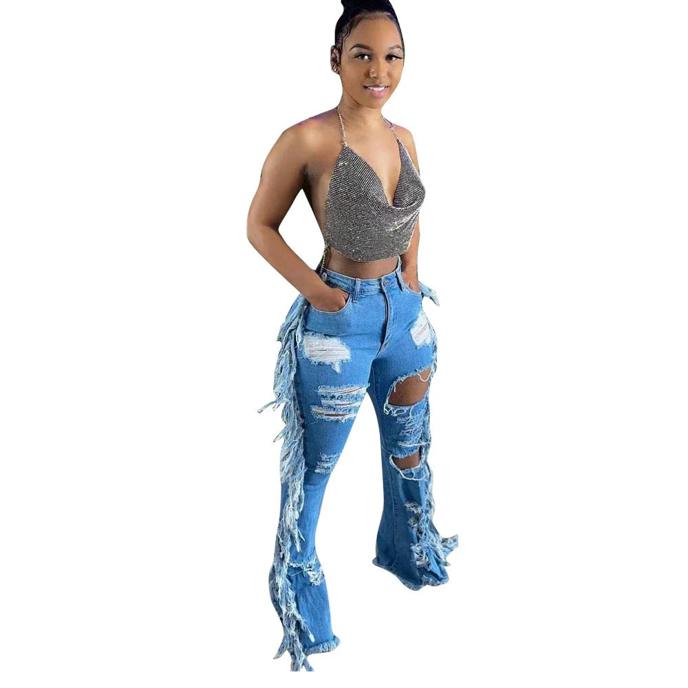 Stylishly distressed tassel jeans with light blue wash and straight-leg silhouette