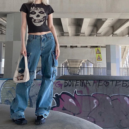 Trendha Heavy-Duty Wide-Leg Denim Jeans with Oversized Pockets in Dark Blue