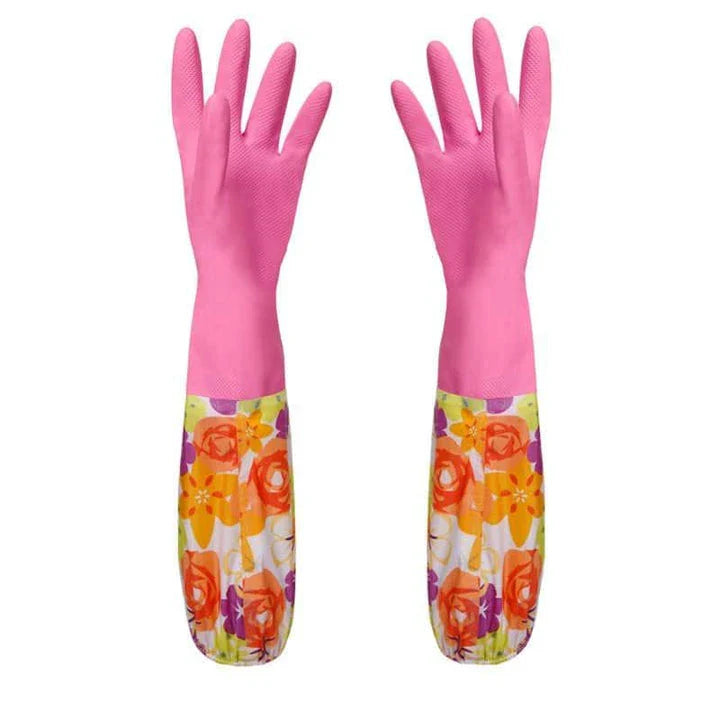 Floral printed rubber kitchen gloves with long length for comprehensive hand and forearm protection
